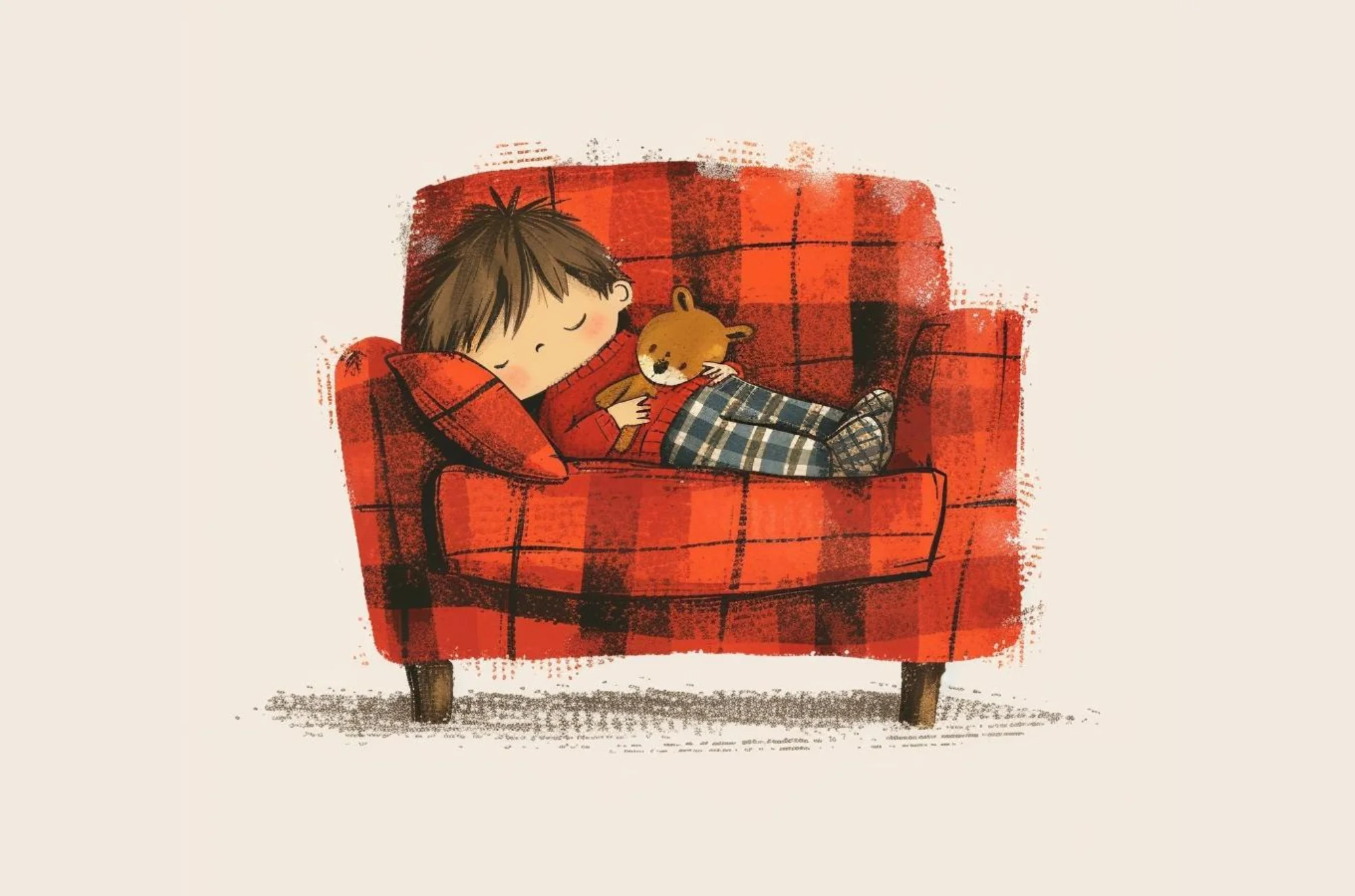 Child napping peacefully with teddy bear on red checkered couch with cozy cushion illustration