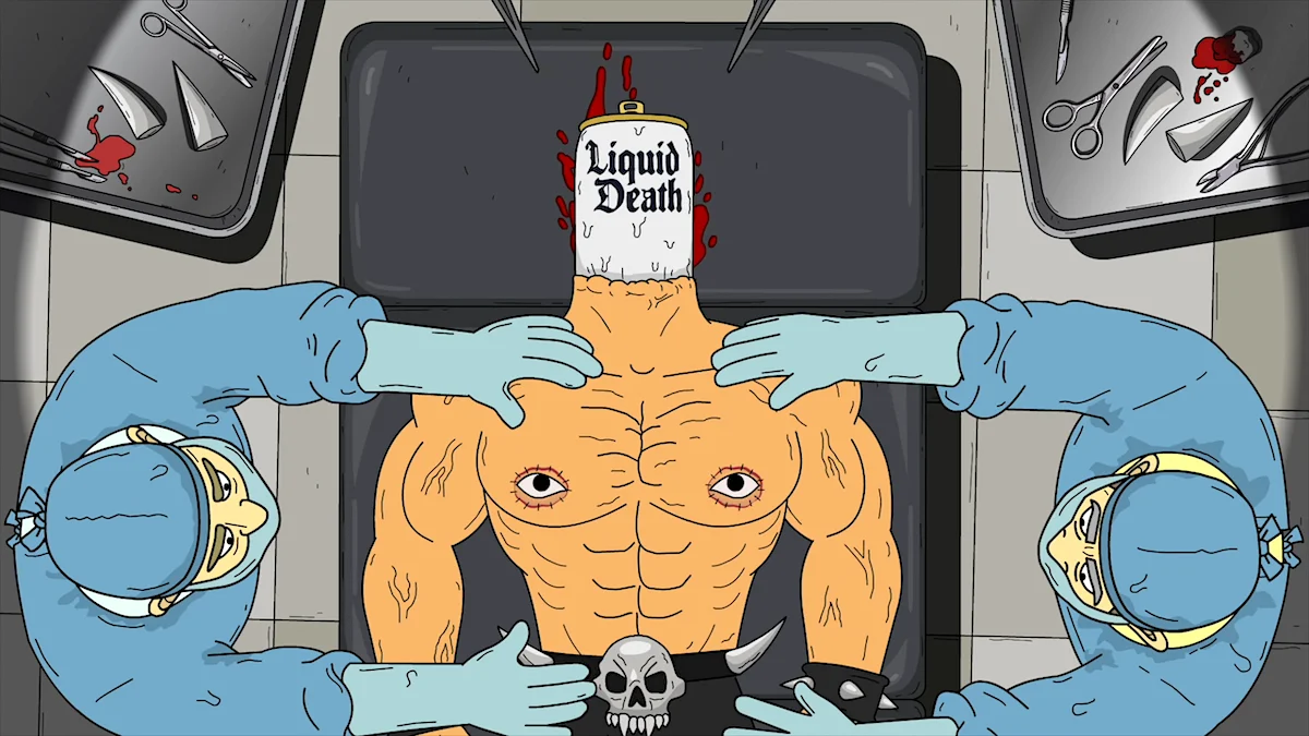 Animated surgeons operating on muscular character with Liquid Death branded can for a head in a cartoon-style image.
