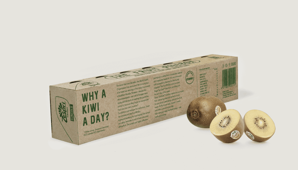 Eco-friendly kiwi packaging with one whole and one sliced kiwi fruit displaying nutritional benefits