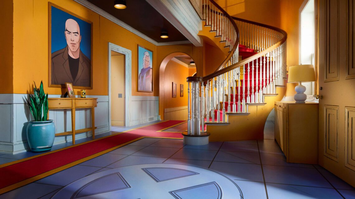 Colorful cartoon-style interior with staircase and wall art in a vibrant hallway